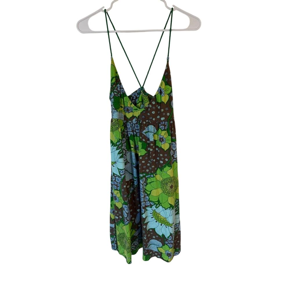 Free People Crisscross Back Scoop Neck Mini Dress Floral Green Small Boho